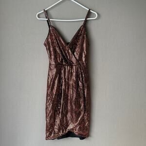 Guess sz‎ 4 gold sequin spaghetti strap mini faux wrap dress